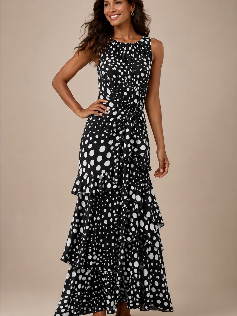 Tahari Black and White Polka Dot Tiered Maxi Dress